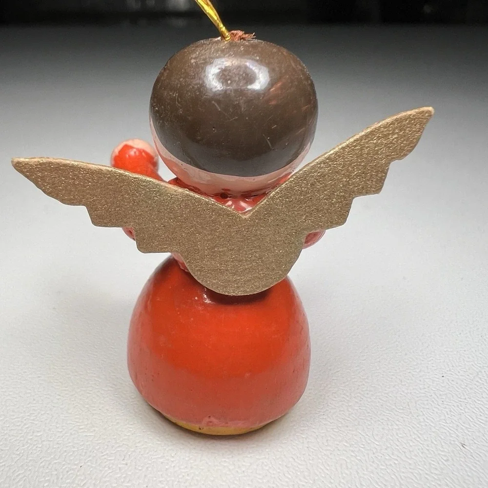Vintage Erzgebirge Wooden Angel Ornament Germany HandPainted Red Dress Gold Wing